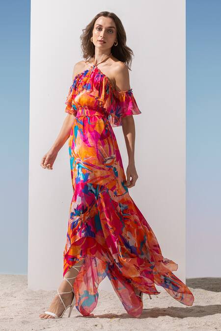 Shop Mandira Wirk Resort Pink Chiffon Abstract Pattern Halter Neck Printed Chain Dress Online at Aza Fashions Shop_Mandira Wirk Resort_Pink Chiffon Abstract Pattern Halter Neck Printed Chain Dress _Online_at_Aza_Fashions