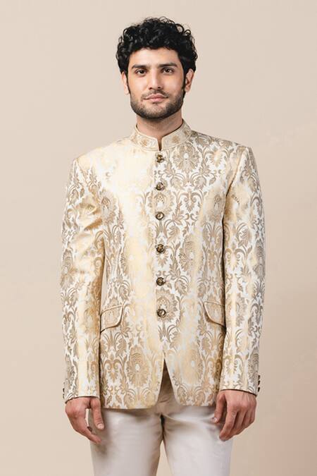 Buy_Tarun Tahiliani_White Cotton Lycra, Brocade Bandhgala And Pant Set_Online_at_Aza_Fashions