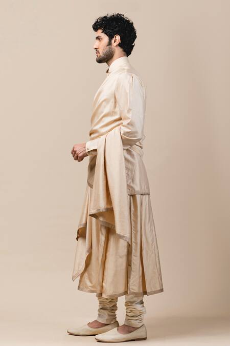 Tarun Tahiliani_Gold Katan, Poplin Lycra Draped Kurta Set_Online_at_Aza_Fashions