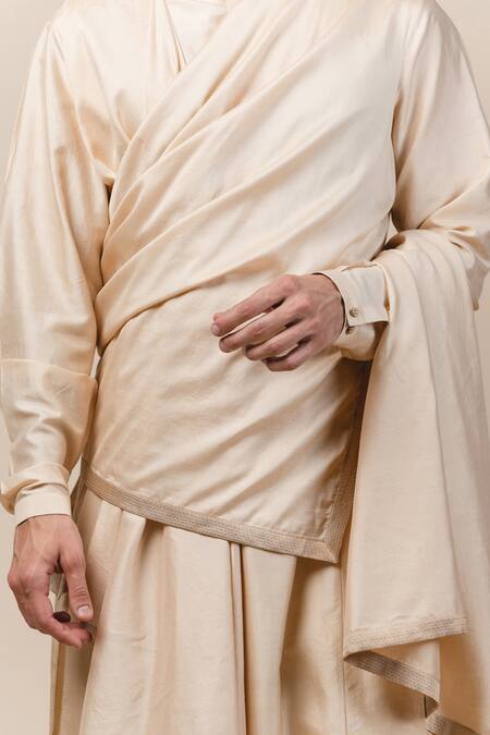 Buy_Tarun Tahiliani_Gold Katan, Poplin Lycra Draped Kurta Set_Online_at_Aza_Fashions