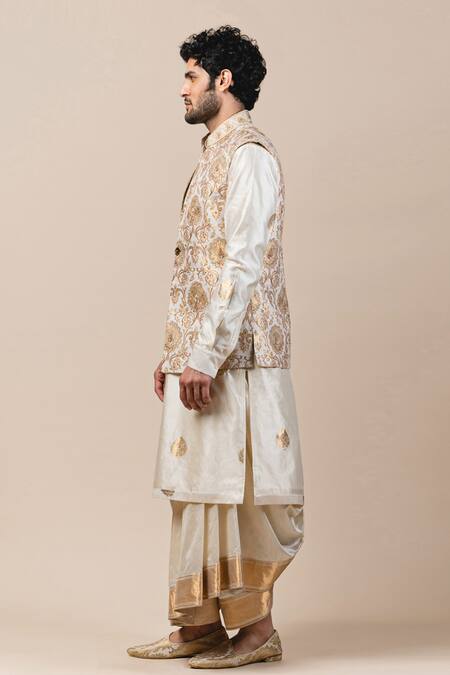 Tarun Tahiliani_White Chanderi, Brocade, Spun Silk Bundi And Kurta Set_Online_at_Aza_Fashions