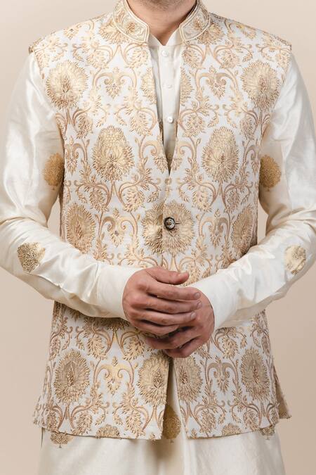 Buy_Tarun Tahiliani_White Chanderi, Brocade, Spun Silk Bundi And Kurta Set_Online_at_Aza_Fashions