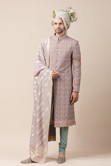 Tarun Tahiliani Green Silk Printed Sherwani And Kurta Set 