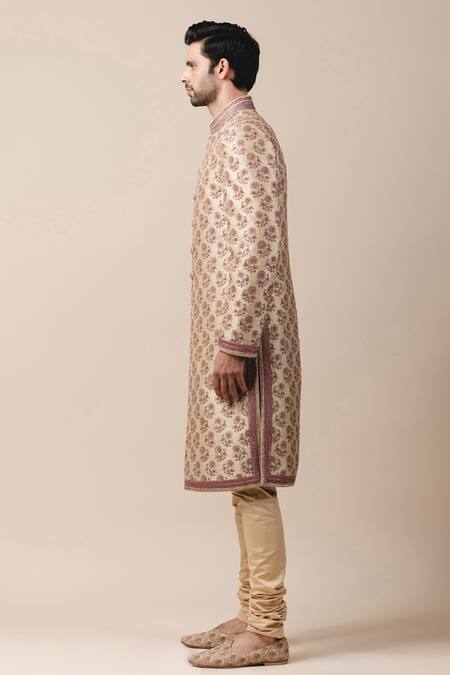Buy_Tarun Tahiliani_Gold Cotton Silk, Brocade, Silk, Printed Sherwani And Kurta Set_Online_at_Aza_Fashions