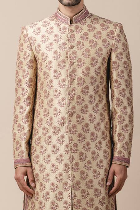 Shop_Tarun Tahiliani_Gold Cotton Silk, Brocade, Silk, Printed Sherwani And Kurta Set_Online_at_Aza_Fashions