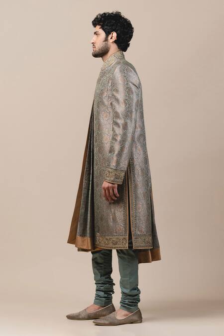 Tarun Tahiliani_Green Silk, Poplin Lycra, Tt Brocade Sherwani And Kurta Set_Online_at_Aza_Fashions