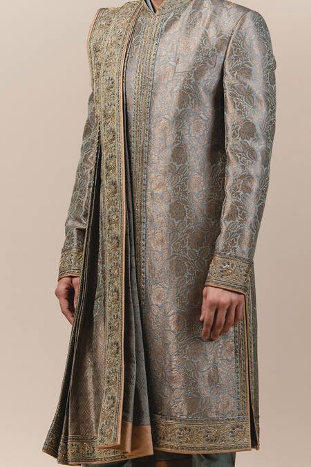 Buy_Tarun Tahiliani_Green Silk, Poplin Lycra, Tt Brocade Sherwani And Kurta Set_Online_at_Aza_Fashions