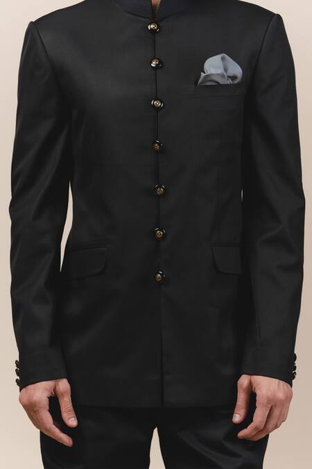 Shop Tarun Tahiliani Black Suiting Front Button Bandhgala And Pant Set Online at Aza Fashions Shop_Tarun Tahiliani_Black Suiting Front Button Bandhgala And Pant Set_Online_at_Aza_Fashions