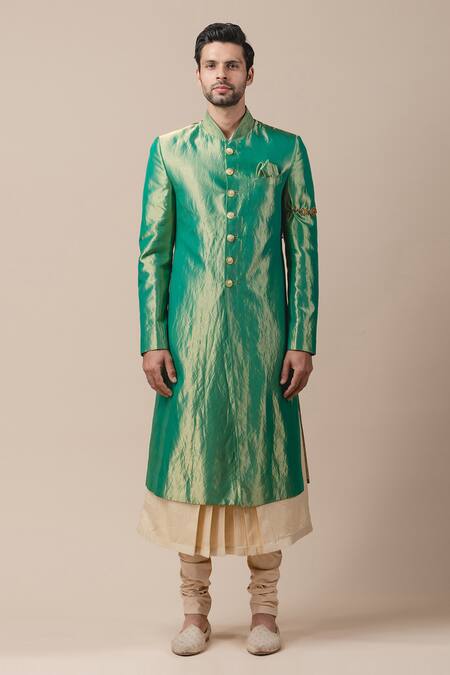 Tarun Tahiliani Green Tissue Silk, Katan Silk, Poplin Lycra Sherwani And Kurta Set 3