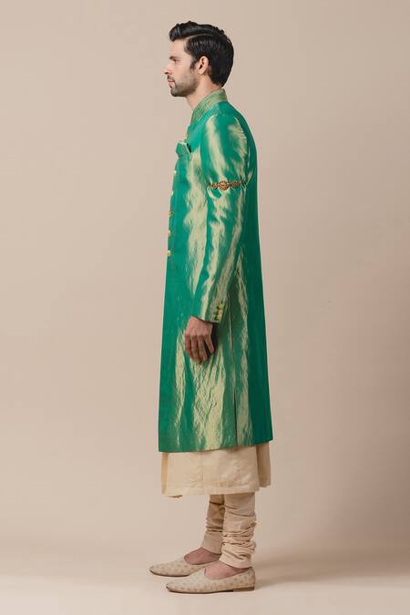 Tarun Tahiliani Green Tissue Silk, Katan Silk, Poplin Lycra Sherwani And Kurta Set 4