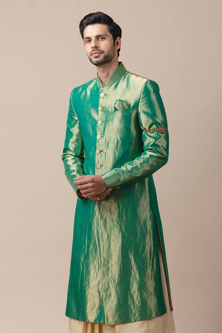 Tarun Tahiliani Green Tissue Silk, Katan Silk, Poplin Lycra Sherwani And Kurta Set 5