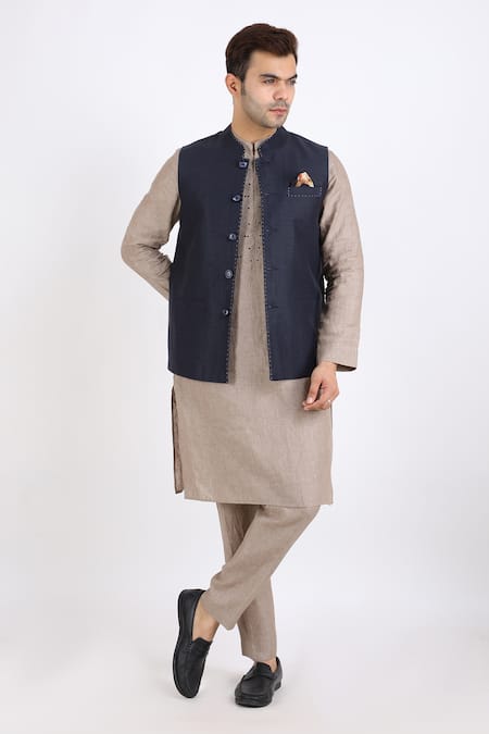 Linen Bloom_Blue 100% Pure Linen Nehru Jacket _Online_at_Aza_Fashions
