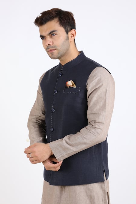 Shop_Linen Bloom_Blue 100% Pure Linen Nehru Jacket _Online_at_Aza_Fashions