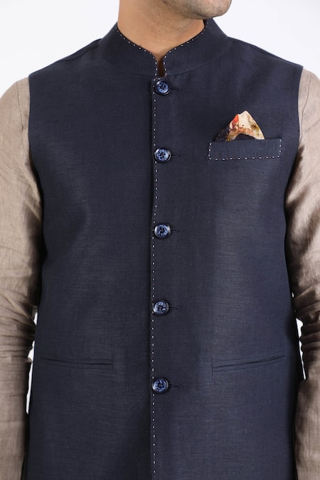 Linen Bloom_Blue 100% Pure Linen Nehru Jacket _at_Aza_Fashions