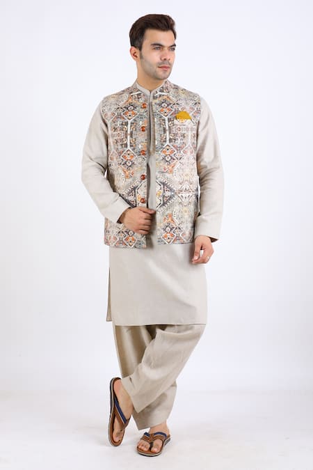 Linen Bloom Linen Printed Nehru Jacket 