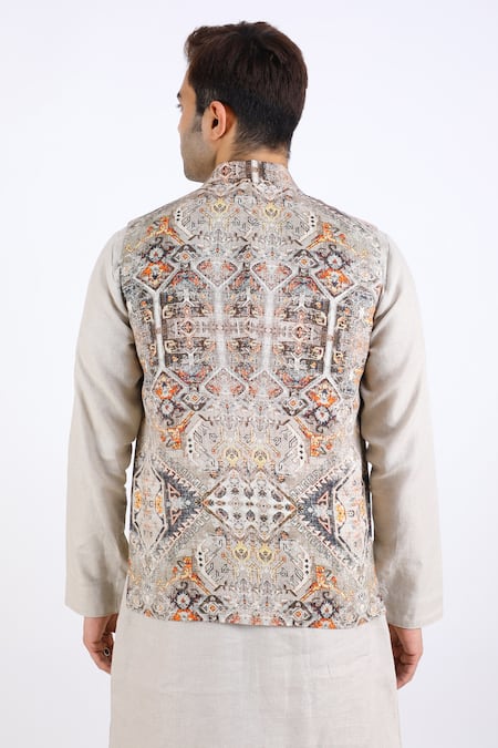 Shop_Linen Bloom_Multi Color 100% Pure Linen Printed Nehru Jacket _Online_at_Aza_Fashions