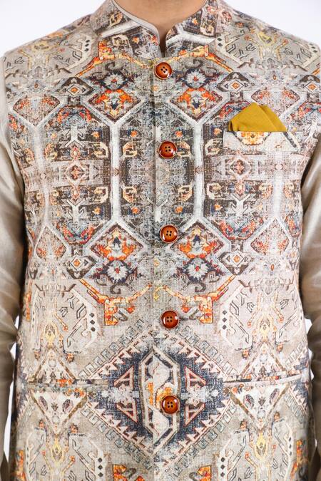 Linen Bloom_Multi Color 100% Pure Linen Printed Nehru Jacket _at_Aza_Fashions