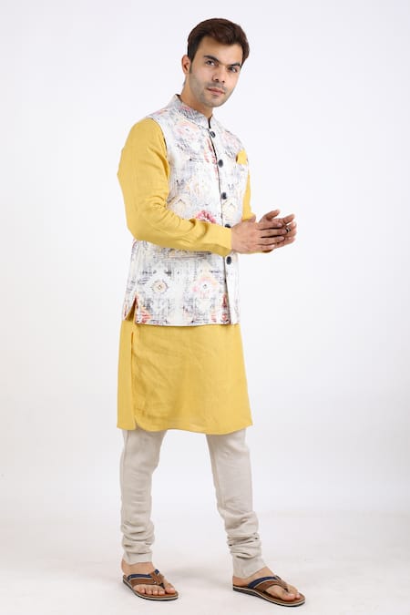 Linen Bloom_Multi Color 100% Pure Linen Printed Nehru Jacket _Online_at_Aza_Fashions