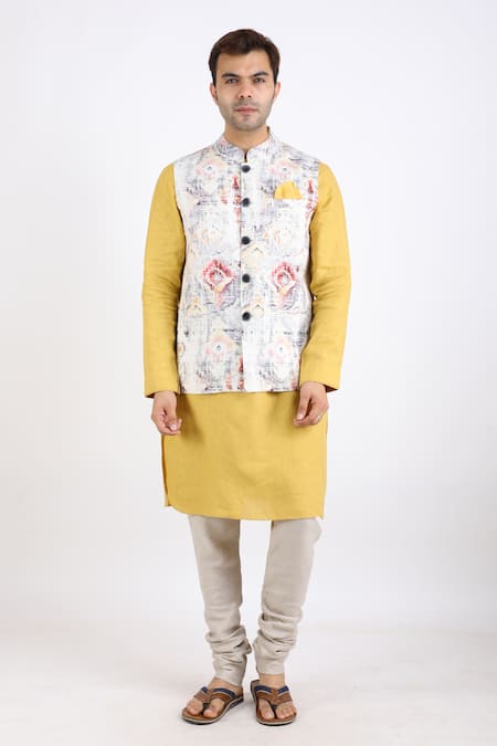 Shop_Linen Bloom_Multi Color 100% Pure Linen Printed Nehru Jacket _Online_at_Aza_Fashions