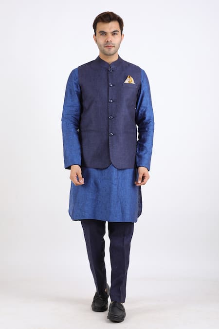 Buy_Linen Bloom_Blue 100% Pure Linen Nehru Jacket _Online_at_Aza_Fashions