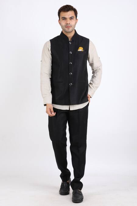 Linen Bloom_Black 100% Pure Linen Nehru Jacket _Online_at_Aza_Fashions