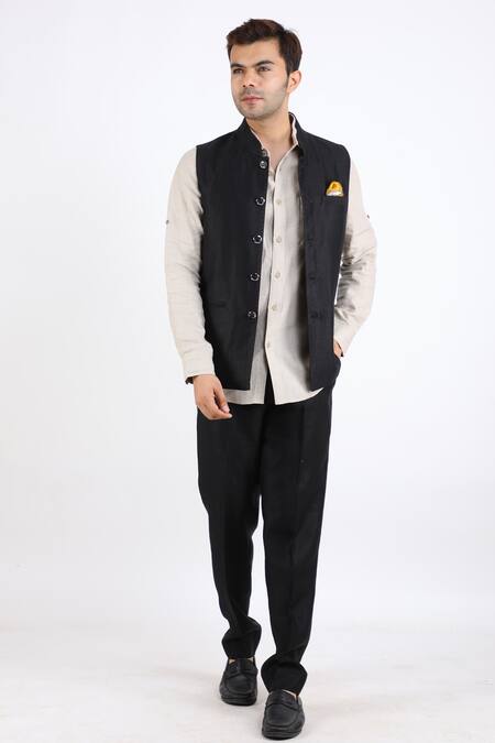 Buy_Linen Bloom_Black 100% Pure Linen Nehru Jacket _Online_at_Aza_Fashions