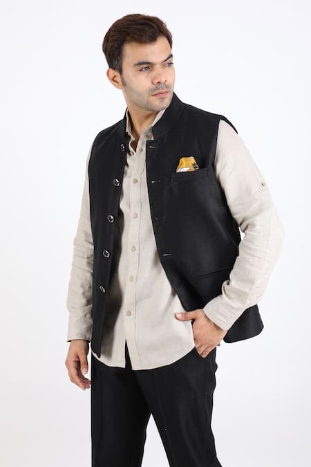 Shop_Linen Bloom_Black 100% Pure Linen Nehru Jacket _Online_at_Aza_Fashions