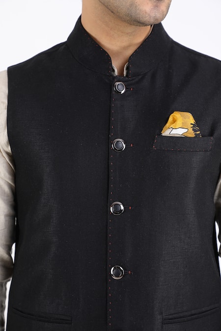 Linen Bloom_Black 100% Pure Linen Nehru Jacket _at_Aza_Fashions