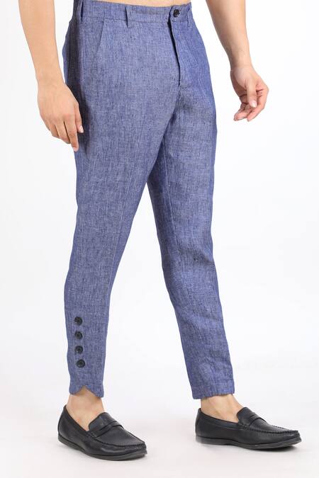 Buy Dusk Blue Linen Pants, Casual Blue Chambrays Pants for Men Online