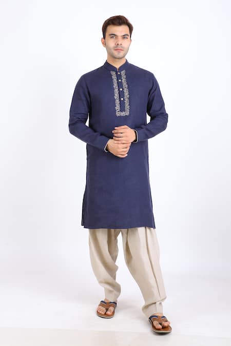 Linen Bloom Blue 100% Pure Linen Kurta 