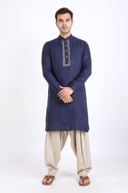 Buy_Linen Bloom_Blue 100% Pure Linen Kurta _Online_at_Aza_Fashions