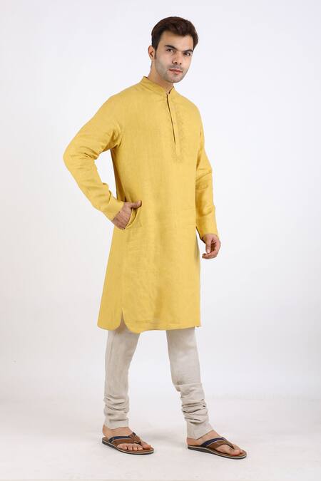 Linen Bloom Yellow 100% Pure Linen Kurta Online at Aza Fashions Linen Bloom_Yellow 100% Pure Linen Kurta _Online_at_Aza_Fashions