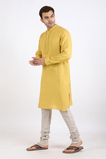 Shop Linen Bloom Yellow 100% Pure Linen Kurta Online at Aza Fashions Shop_Linen Bloom_Yellow 100% Pure Linen Kurta _Online_at_Aza_Fashions