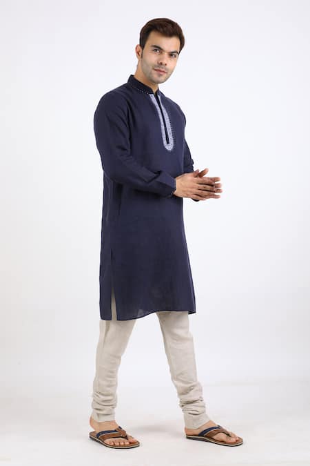 Linen Bloom Blue 100% Pure Linen Kurta Online at Aza Fashions Linen Bloom_Blue 100% Pure Linen Kurta _Online_at_Aza_Fashions