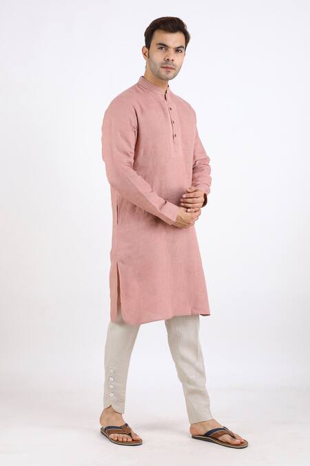 Linen Bloom_Pink 100% Pure Linen Kurta _Online_at_Aza_Fashions