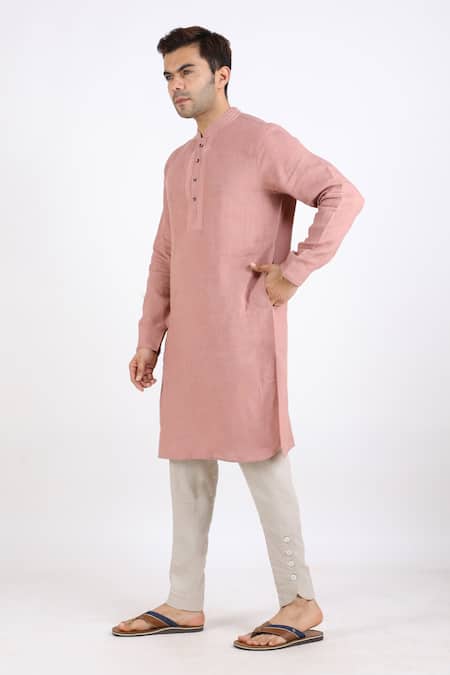 Shop_Linen Bloom_Pink 100% Pure Linen Kurta _Online_at_Aza_Fashions