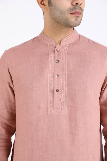Linen Bloom_Pink 100% Pure Linen Kurta _at_Aza_Fashions