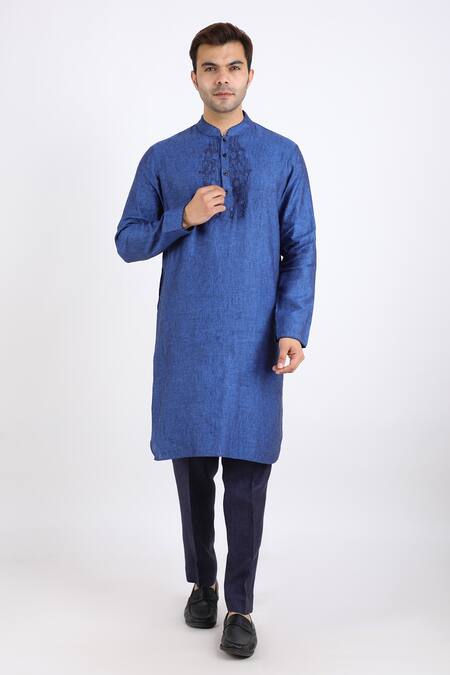 Buy_Linen Bloom_Blue 100% Pure Linen Kurta _Online_at_Aza_Fashions