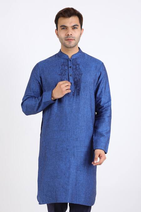 Shop Linen Bloom Blue 100% Pure Linen Kurta Online at Aza Fashions Shop_Linen Bloom_Blue 100% Pure Linen Kurta _Online_at_Aza_Fashions