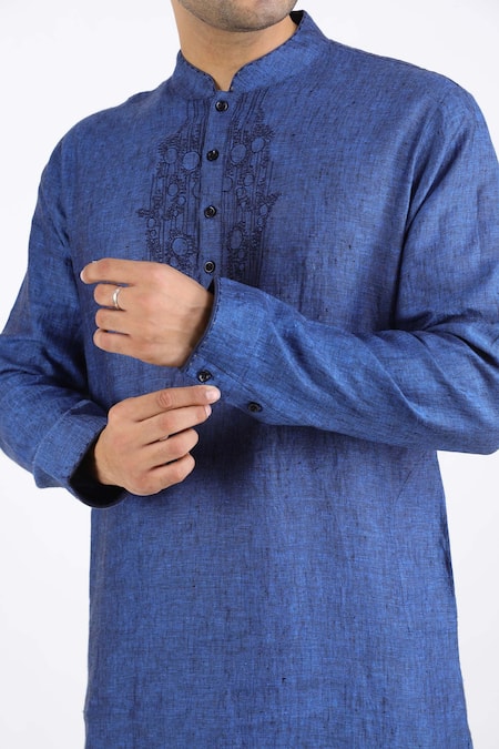 Linen Bloom_Blue 100% Pure Linen Kurta _at_Aza_Fashions
