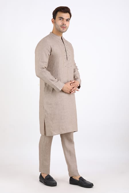 Linen Bloom_Beige 100% Pure Linen Kurta _Online_at_Aza_Fashions
