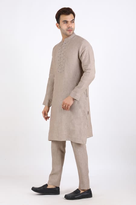 Buy_Linen Bloom_Beige 100% Pure Linen Kurta _Online_at_Aza_Fashions
