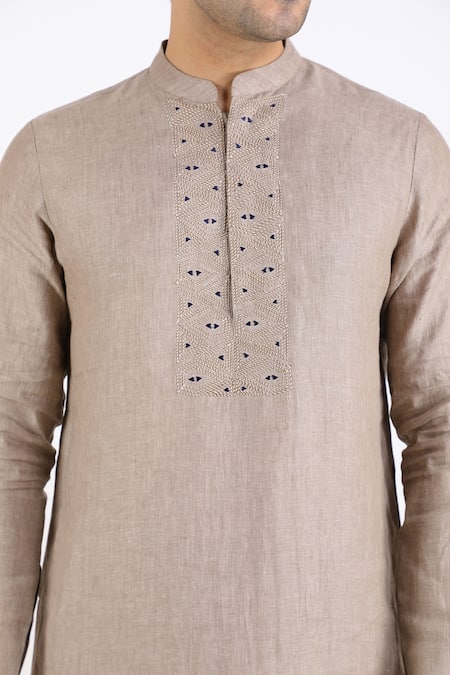 Linen Bloom_Beige 100% Pure Linen Kurta _at_Aza_Fashions