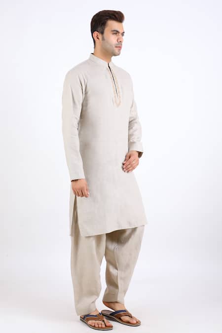 Linen Bloom_Beige 100% Pure Linen Kurta _Online_at_Aza_Fashions