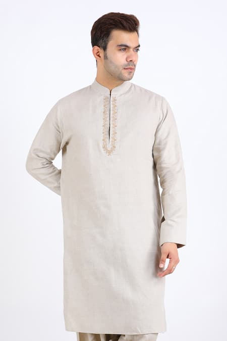 Shop_Linen Bloom_Beige 100% Pure Linen Kurta _Online_at_Aza_Fashions