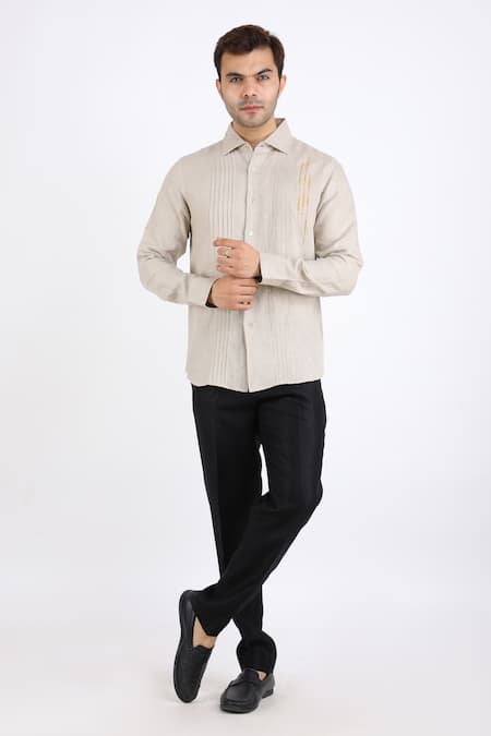Buy_Linen Bloom_Beige 100% Pure Linen Pleated Shirt _Online_at_Aza_Fashions