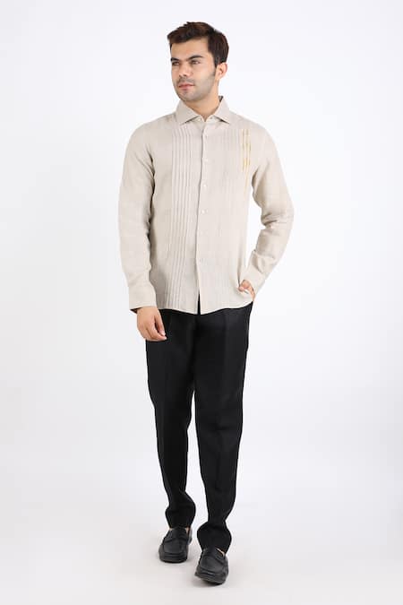 Shop_Linen Bloom_Beige 100% Pure Linen Pleated Shirt _Online_at_Aza_Fashions