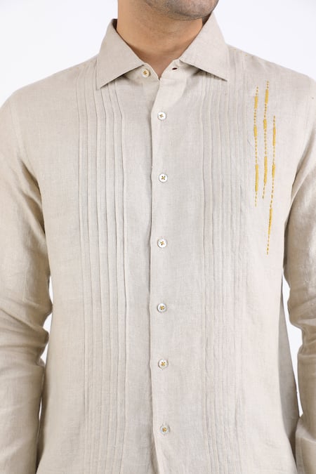 Linen Bloom_Beige 100% Pure Linen Pleated Shirt _at_Aza_Fashions