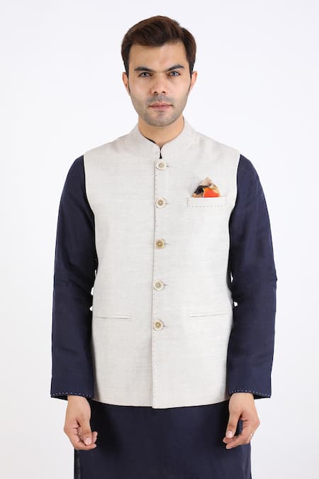 Shop_Linen Bloom_Beige 100% Pure Linen Nehru Jacket _Online_at_Aza_Fashions