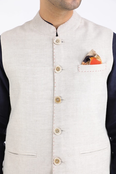 Linen Bloom_Beige 100% Pure Linen Nehru Jacket _at_Aza_Fashions